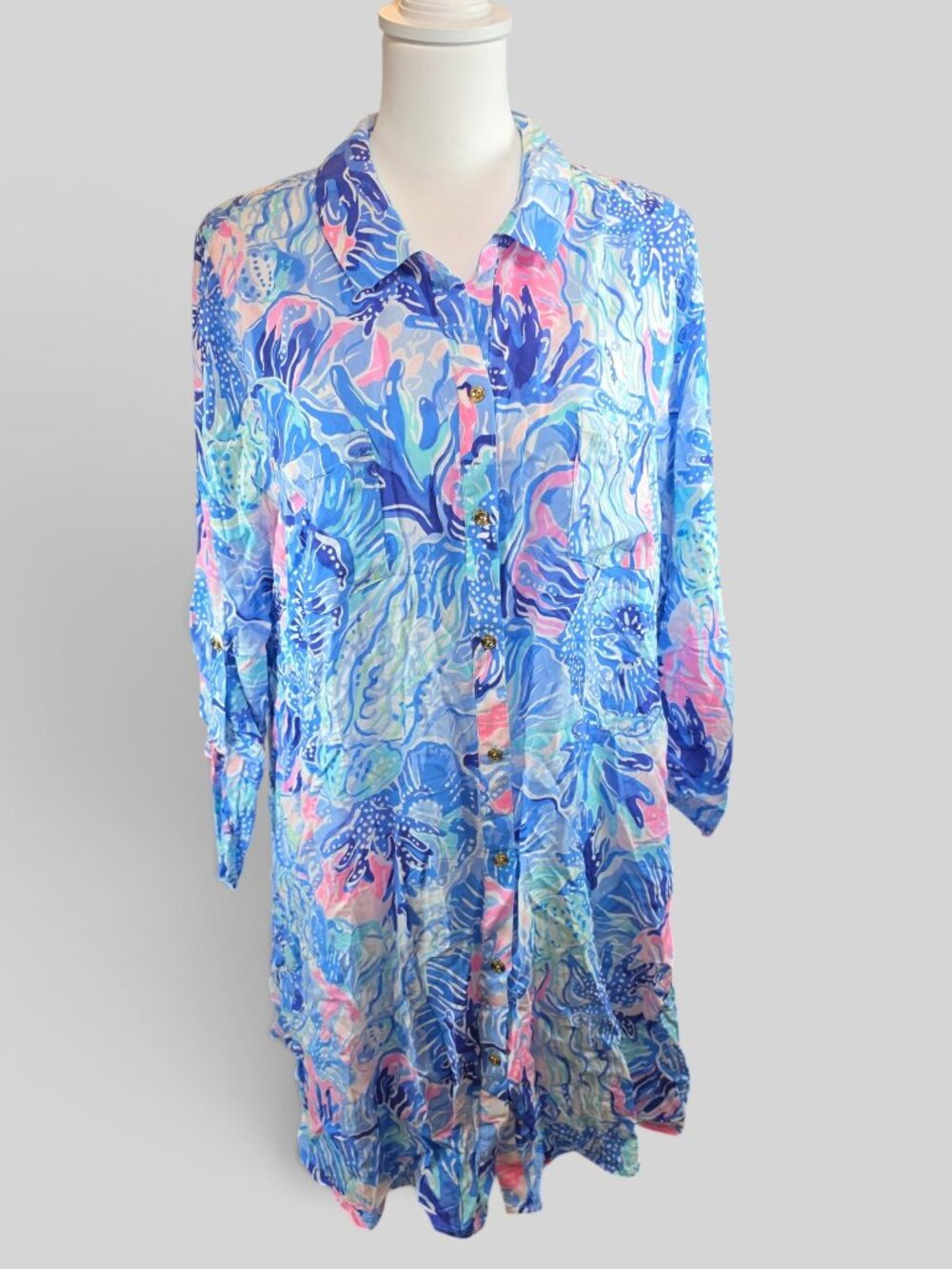 Lilly Pulitzer Blue Pink Coral Print Button-Down Tunic Swim Coverup XL